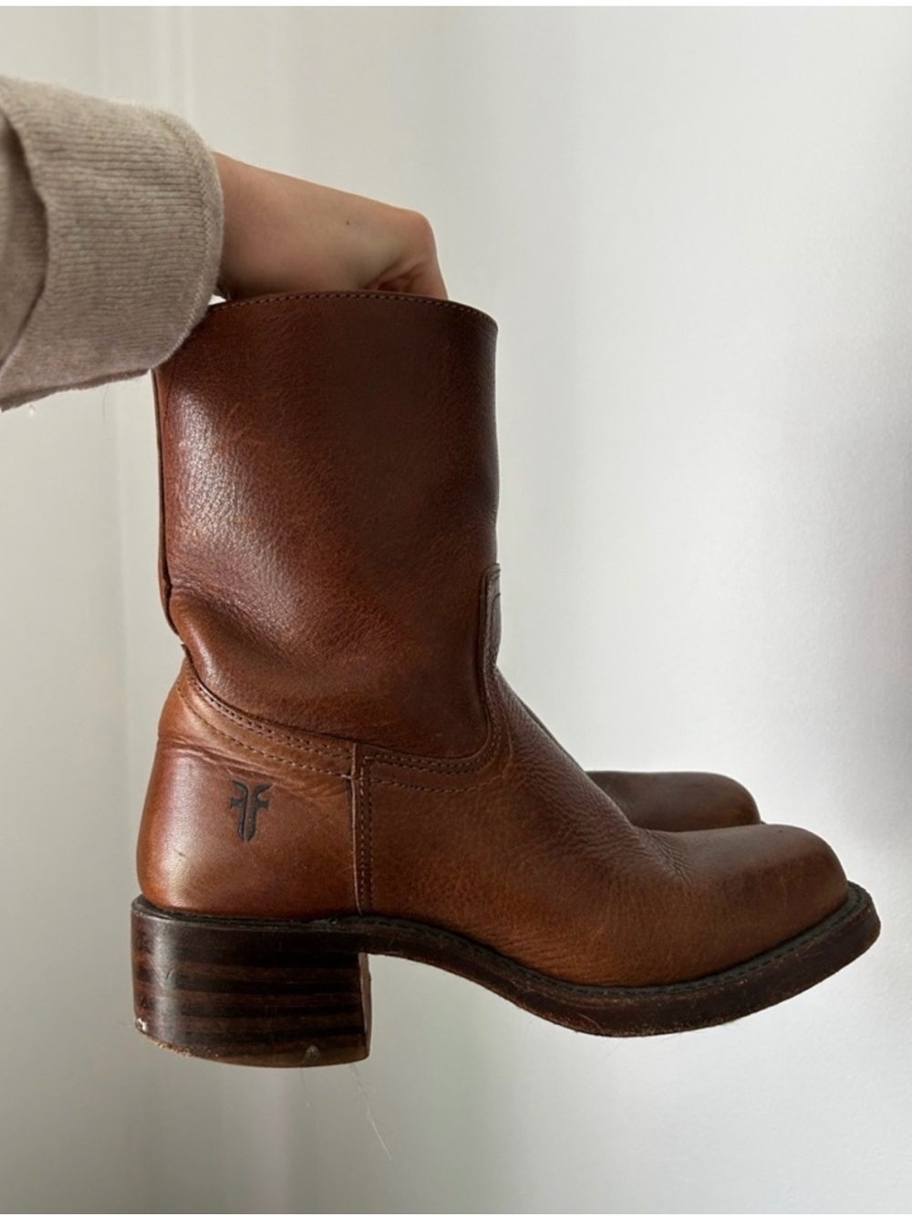 Frye Cognac Leather Mid-Calf Heeled Boots